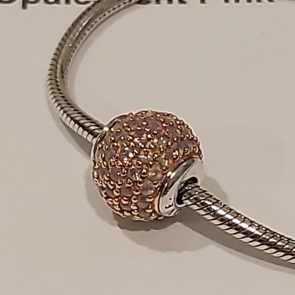 PANDORA *RETIRED SS & 14kt Gold ESSENCE LOVE w/Opalescent Pink Crystal 796064NOP - Picture 7 of 14